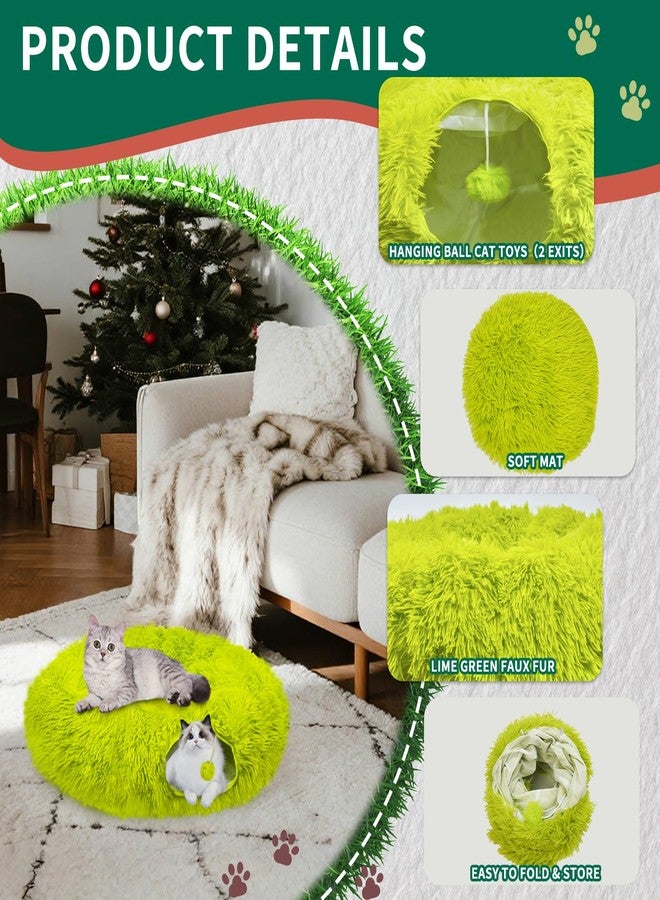 Bailiyake Christmas Cat Tunnel Bed Under Christmas Tree for Indoor Plush Lime Green Cats Xmas Cat Donut Tunnel Foldable Plush Peekaboo Cat Cave Toy for Small Cat Kitten (2.8 ft*2.8ft*10inch, Lime Green) - Image 3